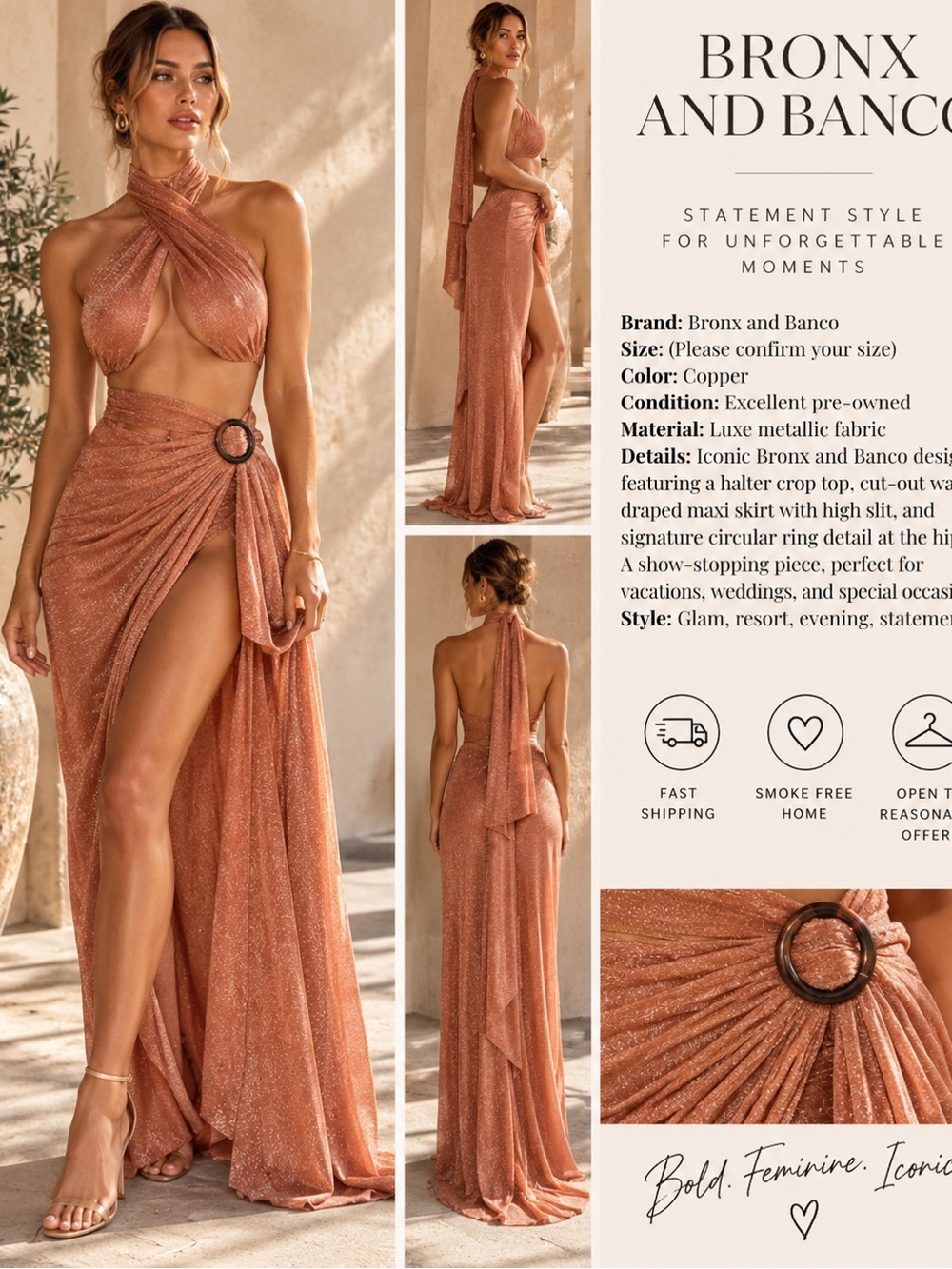 Bronx and Banco Copper Halter Maxi Dress with Ring Detail